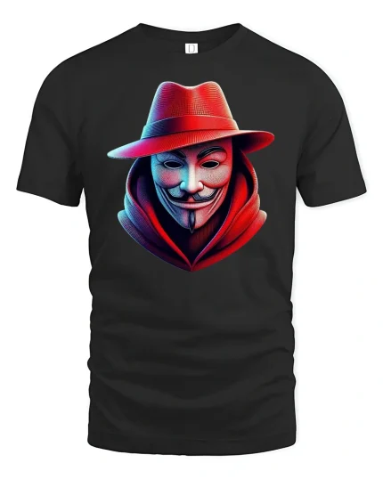 Mysterious Mask Red Fedora Anonymous Style T-Shirt - black t-shirt on white background