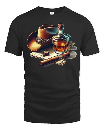 Cowboy Whiskey Cigar Retro Western Style T-Shirt - black t-shirt on white background