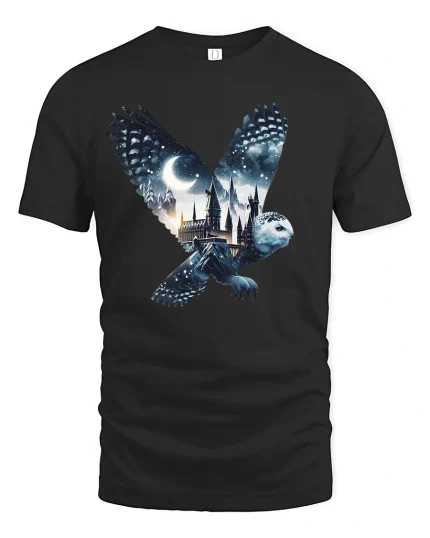 Mystic Owl Night Castle Fantasy Magic T-Shirt - black t-shirt on white background
