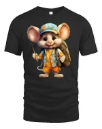 Cute Fisher Mouse Adventure Summer Fun T-Shirt - black t-shirt on white background