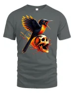 Fiery Bird and Skull Gothic Flame Power T-Shirt - gray t-shirt on white background