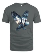 Mystic Owl Night Castle Fantasy Magic T-Shirt - gray t-shirt on white background