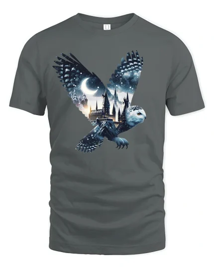 Mystic Owl Night Castle Fantasy Magic T-Shirt - gray t-shirt on white background