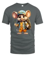 Cute Fisher Mouse Adventure Summer Fun T-Shirt - gray t-shirt on white background