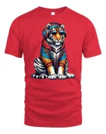 Cool Tiger Headphones Streetwear Urban Vibe T-Shirt - red t-shirt on white background