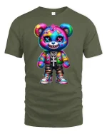 Colorful Punk Bear Street Style Cool Graphic Tee - military green t-shirt on white background