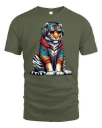 Cool Tiger Headphones Streetwear Urban Vibe T-Shirt - military green t-shirt on white background