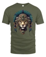 Aztec Jaguar Warrior Tribal Spirit Art T-Shirt - military green t-shirt on white background