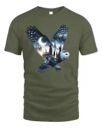 Mystic Owl Night Castle Fantasy Magic T-Shirt - military green t-shirt on white background