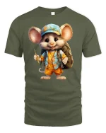 Cute Fisher Mouse Adventure Summer Fun T-Shirt - military green t-shirt on white background
