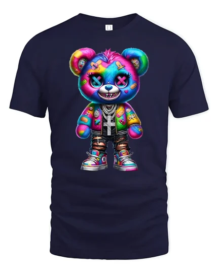 Colorful Punk Bear Street Style Cool Graphic Tee - navy t-shirt on white background