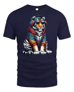 Cool Tiger Headphones Streetwear Urban Vibe T-Shirt - navy t-shirt on white background