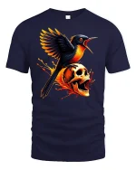 Fiery Bird and Skull Gothic Flame Power T-Shirt - navy t-shirt on white background