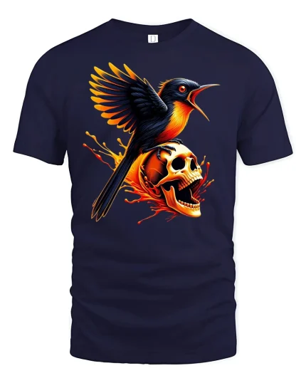 Fiery Bird and Skull Gothic Flame Power T-Shirt - navy t-shirt on white background