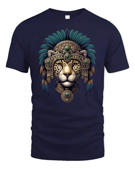 Aztec Jaguar Warrior Tribal Spirit Art T-Shirt - navy t-shirt on white background