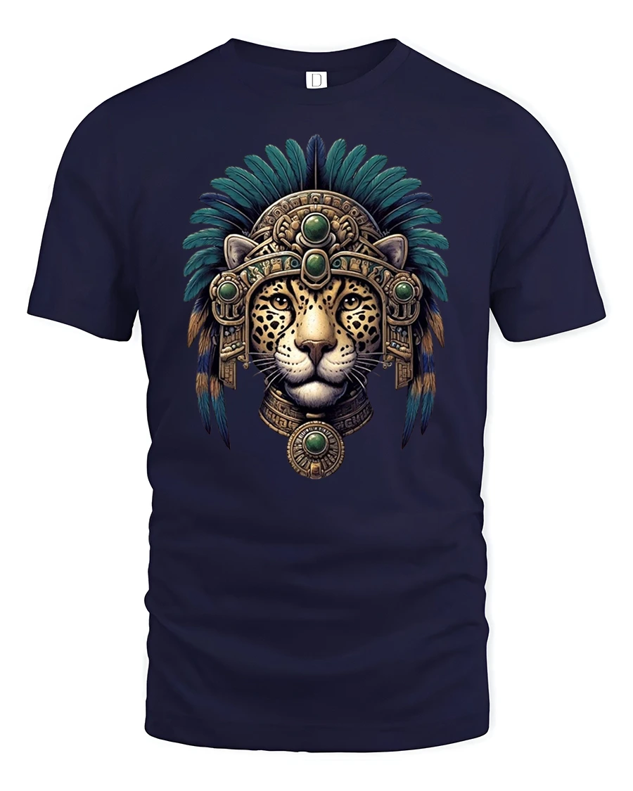 Aztec Jaguar Warrior Tribal Spirit Art T-Shirt - 1 Aztec Jaguar Warrior Tribal Spirit Art T-Shirt - navy t-shirt on white background