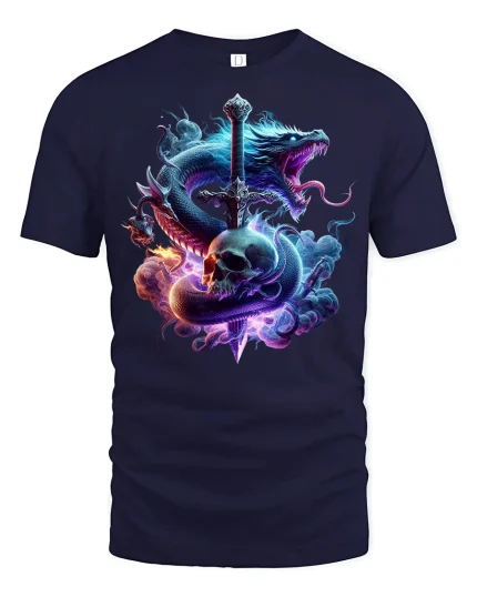 Dragon Skull Sword Flame Gothic Fantasy Art T-Shirt - navy t-shirt on white background