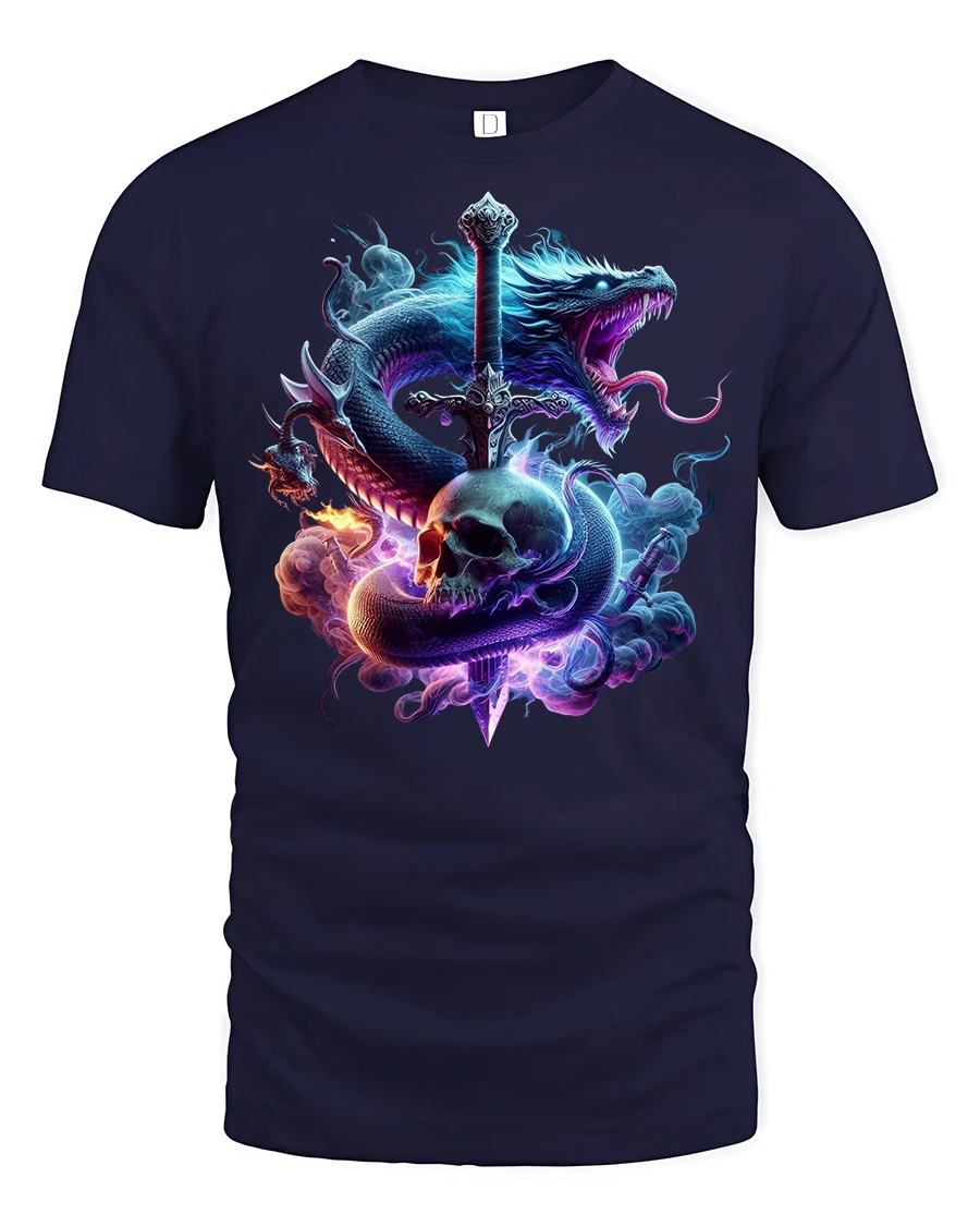 Dragon Skull Sword Flame Gothic Fantasy Art T-Shirt - 1 Dragon Skull Sword Flame Gothic Fantasy Art T-Shirt - navy t-shirt on white background