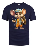 Cute Fisher Mouse Adventure Summer Fun T-Shirt - navy t-shirt on white background