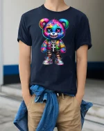 Colorful Punk Bear Street Style Cool Graphic Tee - model wearing navy tee with hands in pockets