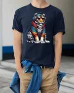 Cool Tiger Headphones Streetwear Urban Vibe T-Shirt - model wearing navy tee with hands in pockets