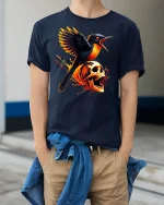 Fiery Bird and Skull Gothic Flame Power T-Shirt - model wearing navy tee with hands in pockets