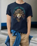 Aztec Jaguar Warrior Tribal Spirit Art T-Shirt - model wearing navy tee with hands in pockets
