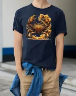 Steampunk Golden Crab Power Ocean Warrior T-Shirt - model wearing navy tee with hands in pockets