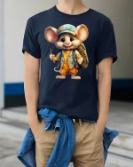 Cute Fisher Mouse Adventure Summer Fun T-Shirt - model wearing navy tee with hands in pockets