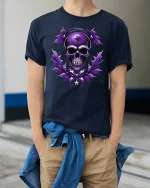 Gothic Purple Skull Star Magic Dark Art T-Shirt - model wearing navy tee with hands in pockets