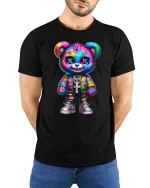 Colorful Punk Bear Street Style Cool Graphic Tee - model wearing black tee with hands behind back