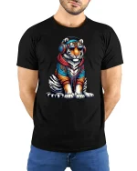 Cool Tiger Headphones Streetwear Urban Vibe T-Shirt - model wearing black tee with hands behind back