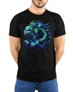 Blue Dragon Fish Mythic Power Fantasy Art T-Shirt - model wearing black tee with hands behind back