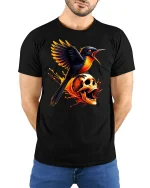 Fiery Bird and Skull Gothic Flame Power T-Shirt - model wearing black tee with hands behind back