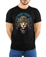 Aztec Jaguar Warrior Tribal Spirit Art T-Shirt - model wearing black tee with hands behind back