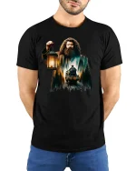 Fantasy Forest Train Keeper Lantern Magic T-Shirt - model wearing black tee with hands behind back