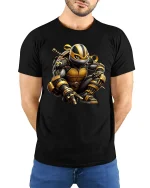 Golden Ninja Warrior Stealth Power Art T-Shirt - model wearing black tee with hands behind back