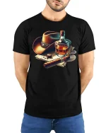 Cowboy Whiskey Cigar Retro Western Style T-Shirt - model wearing black tee with hands behind back