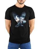 Mystic Owl Night Castle Fantasy Magic T-Shirt - model wearing black tee with hands behind back