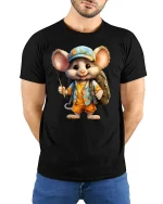 Cute Fisher Mouse Adventure Summer Fun T-Shirt - model wearing black tee with hands behind back