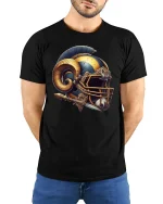 Ram Warrior Helmet Mythic Power Armor T-Shirt - model wearing black tee with hands behind back