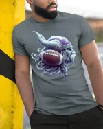 Viking Football Warrior Norse Power Spirit T-Shirt - model wearing grey tee, leaning on column