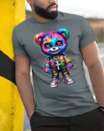 Colorful Punk Bear Street Style Cool Graphic Tee - model wearing grey tee, leaning on column