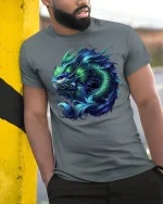 Blue Dragon Fish Mythic Power Fantasy Art T-Shirt - model wearing grey tee, leaning on column