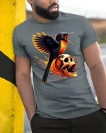 Fiery Bird and Skull Gothic Flame Power T-Shirt - model wearing grey tee, leaning on column