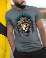 Aztec Jaguar Warrior Tribal Spirit Art T-Shirt - model wearing grey tee, leaning on column