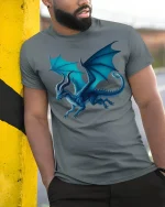 Blue Dragon Fantasy Power Sky Guardian T-Shirt - model wearing grey tee, leaning on column