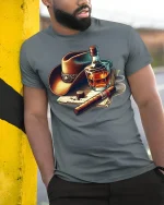 Cowboy Whiskey Cigar Retro Western Style T-Shirt - model wearing grey tee, leaning on column