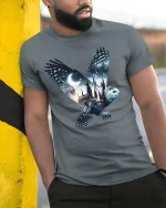 Mystic Owl Night Castle Fantasy Magic T-Shirt - model wearing grey tee, leaning on column