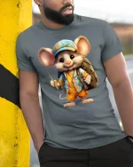 Cute Fisher Mouse Adventure Summer Fun T-Shirt - model wearing grey tee, leaning on column